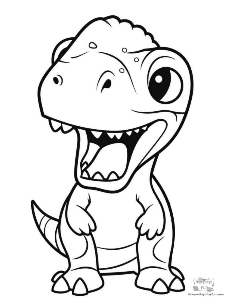 Cartoon baby dinosaur with open mouth, black outline