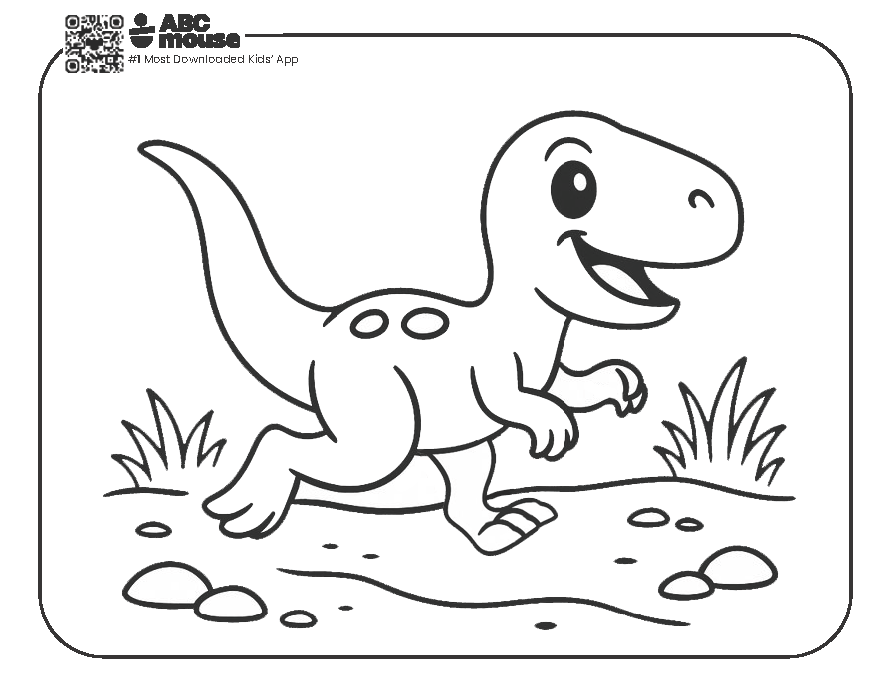 Cartoon dinosaur running on rocky ground, black and white