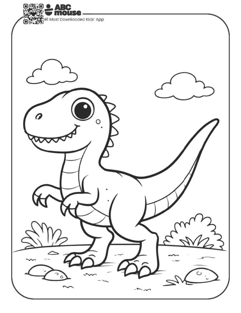 Cartoon dinosaur coloring page with clouds and bushes