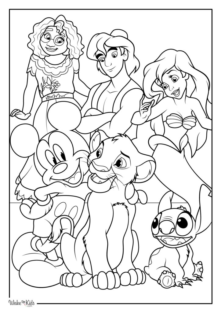 Black-and-white Disney character coloring page with six figures