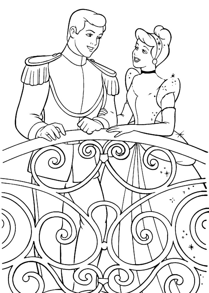 Prince and princess leaning on ornate balcony railing