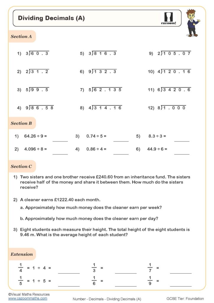 Math worksheet titled Dividing Decimals with sections A, B, C, Extension