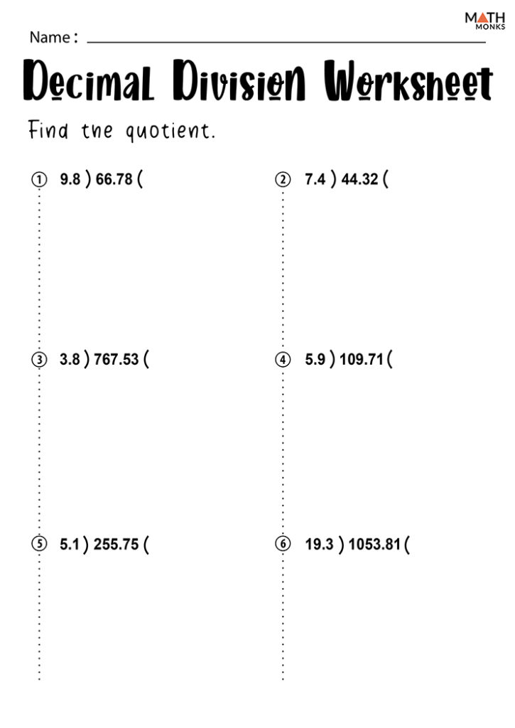 Decimal division worksheet with six problems