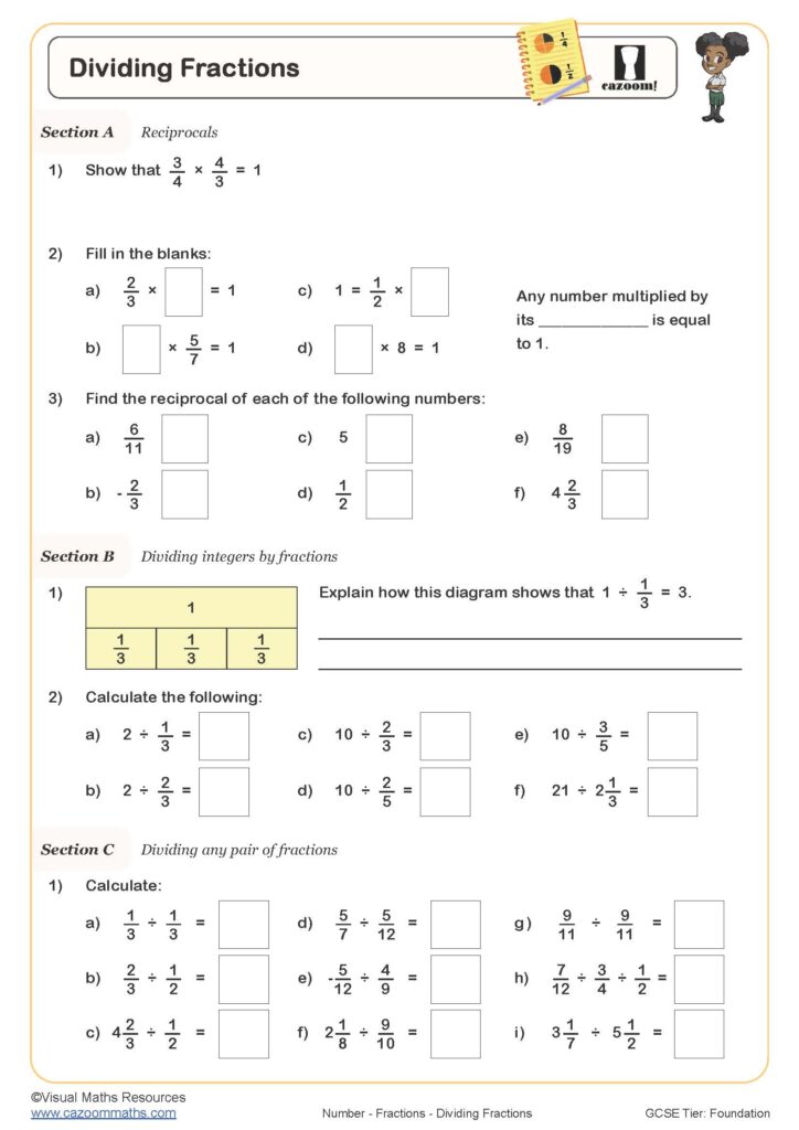 Dividing fractions worksheet with questions and answer boxes