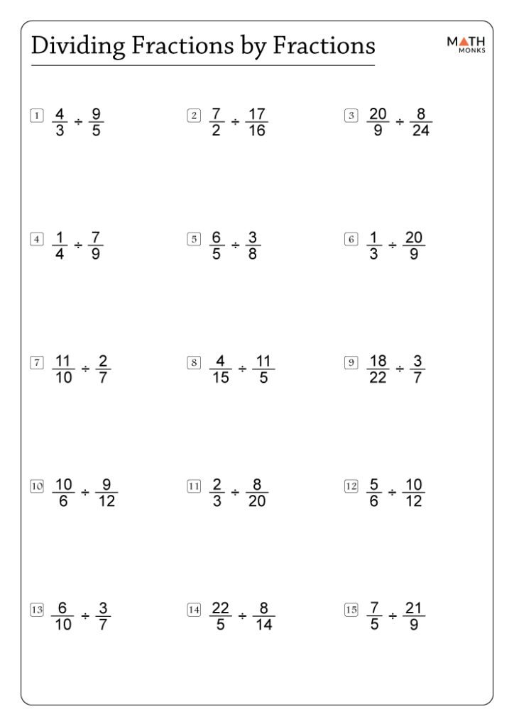 Dividing fractions worksheet with fifteen problems on white page