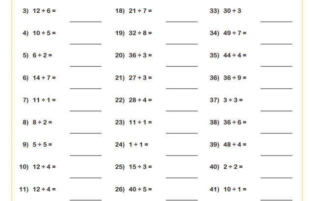 Division facts worksheet with 45 problems