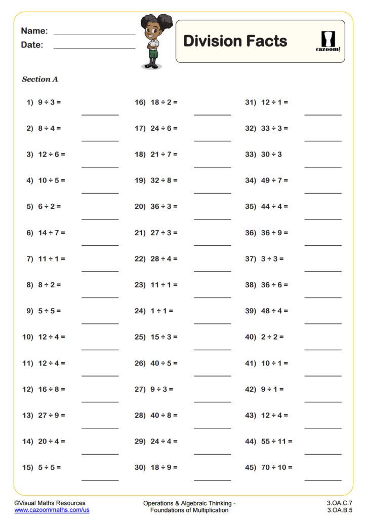 Division facts worksheet with 45 problems