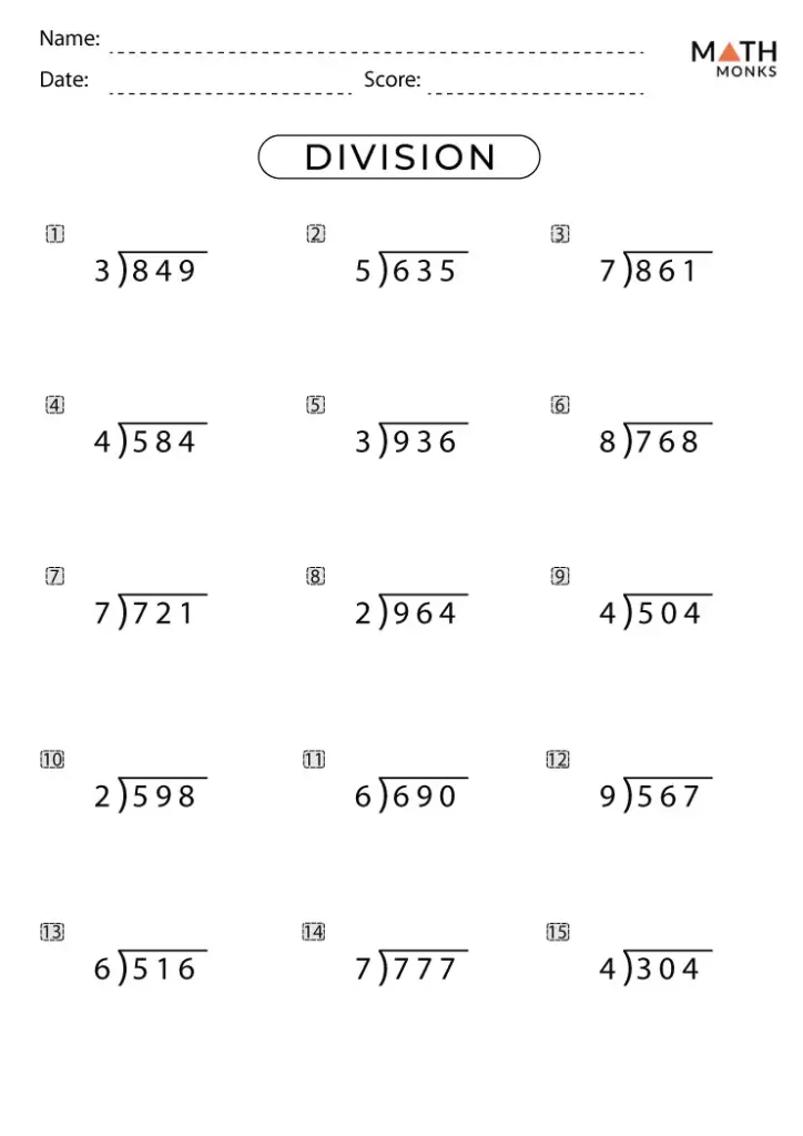Division math worksheet with fifteen problems and answer lines