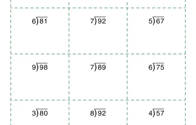 Division worksheet with remainder problems in grid layout