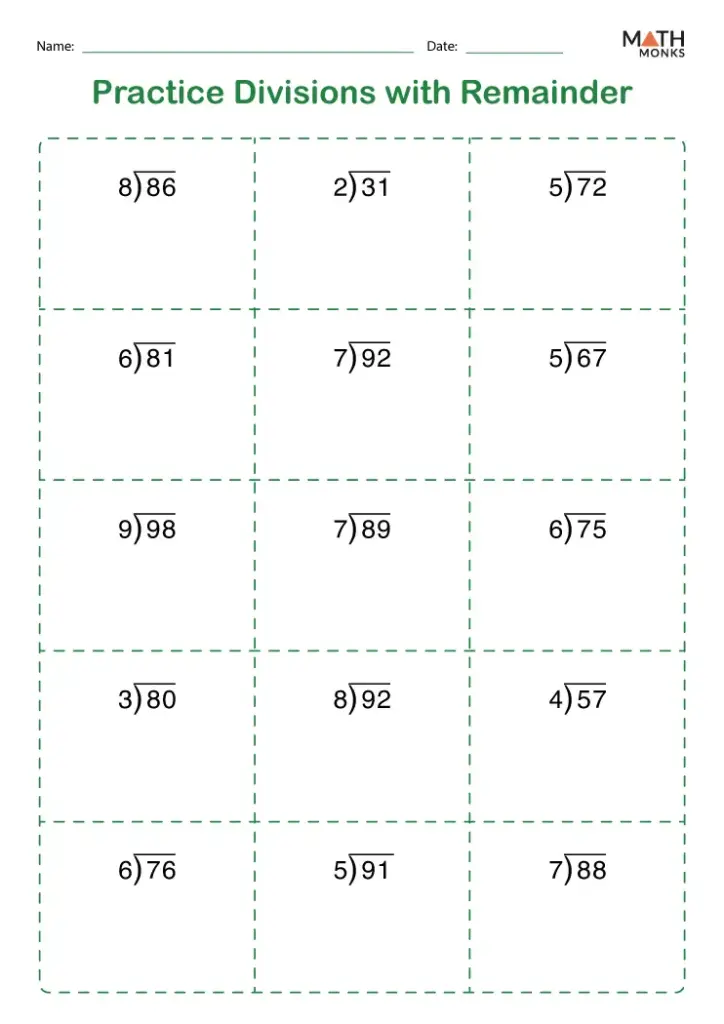 Division worksheet with remainder problems in grid layout