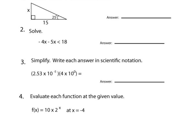 9th grade math worksheet with five problems and answer lines