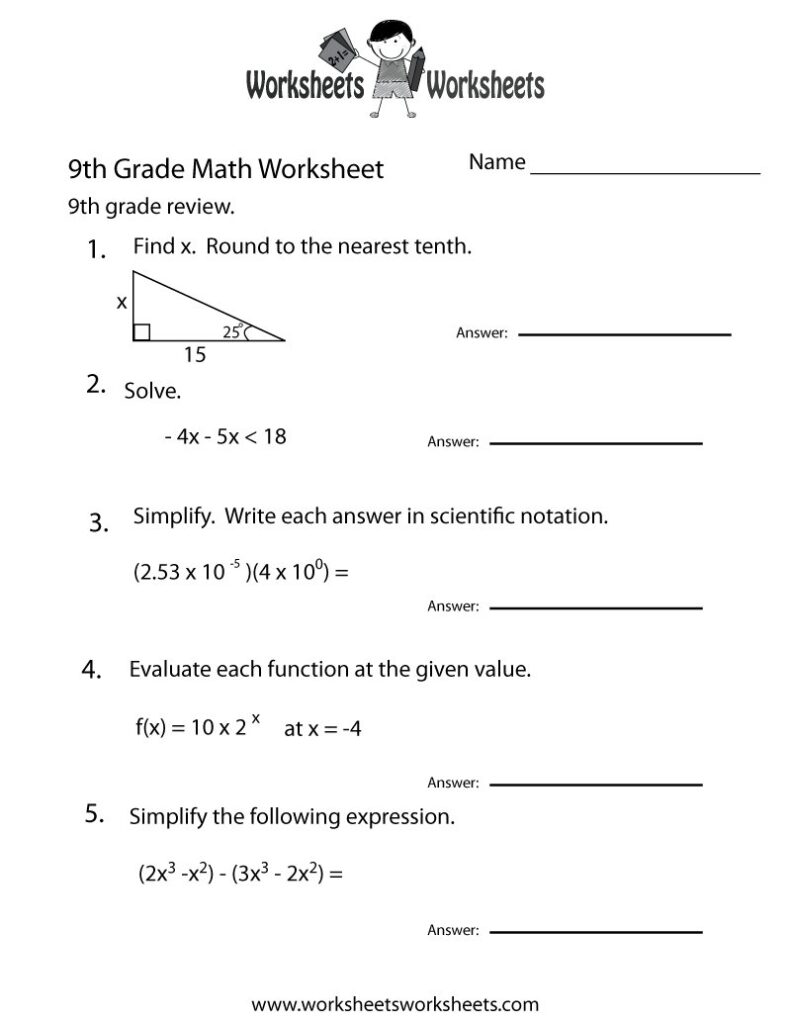 9th grade math worksheet with five problems and answer lines