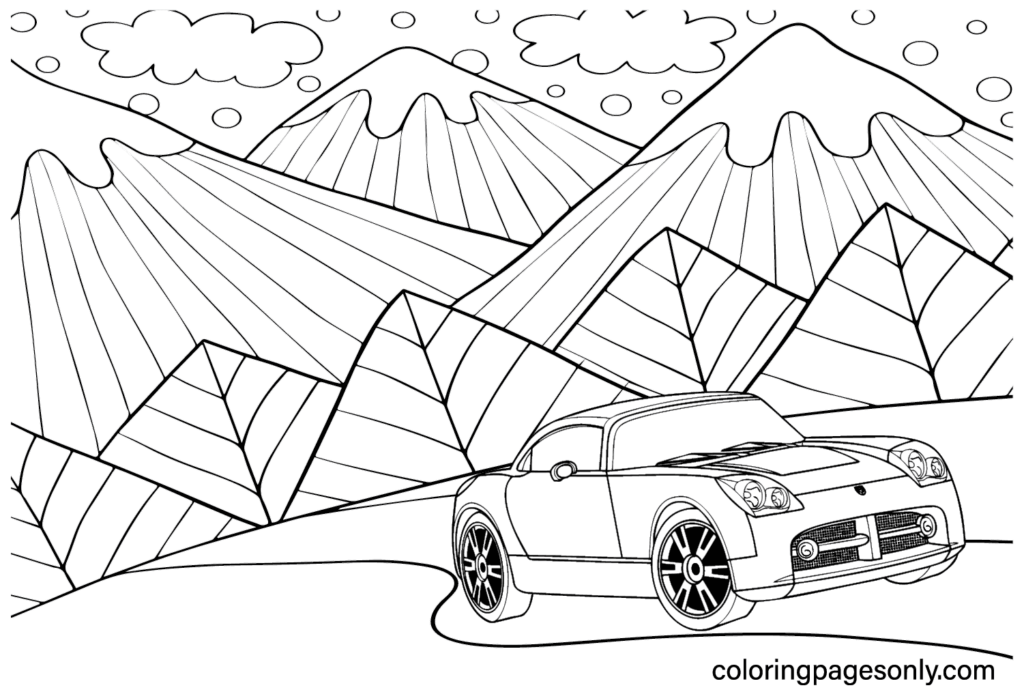 Sports car on road before snowy mountains