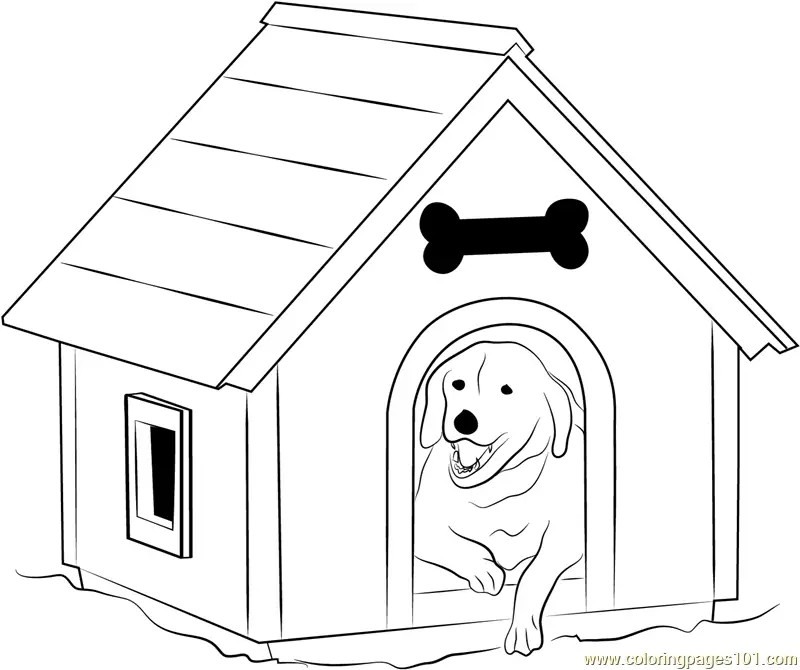 Dog in a doghouse with bone sign above entrance