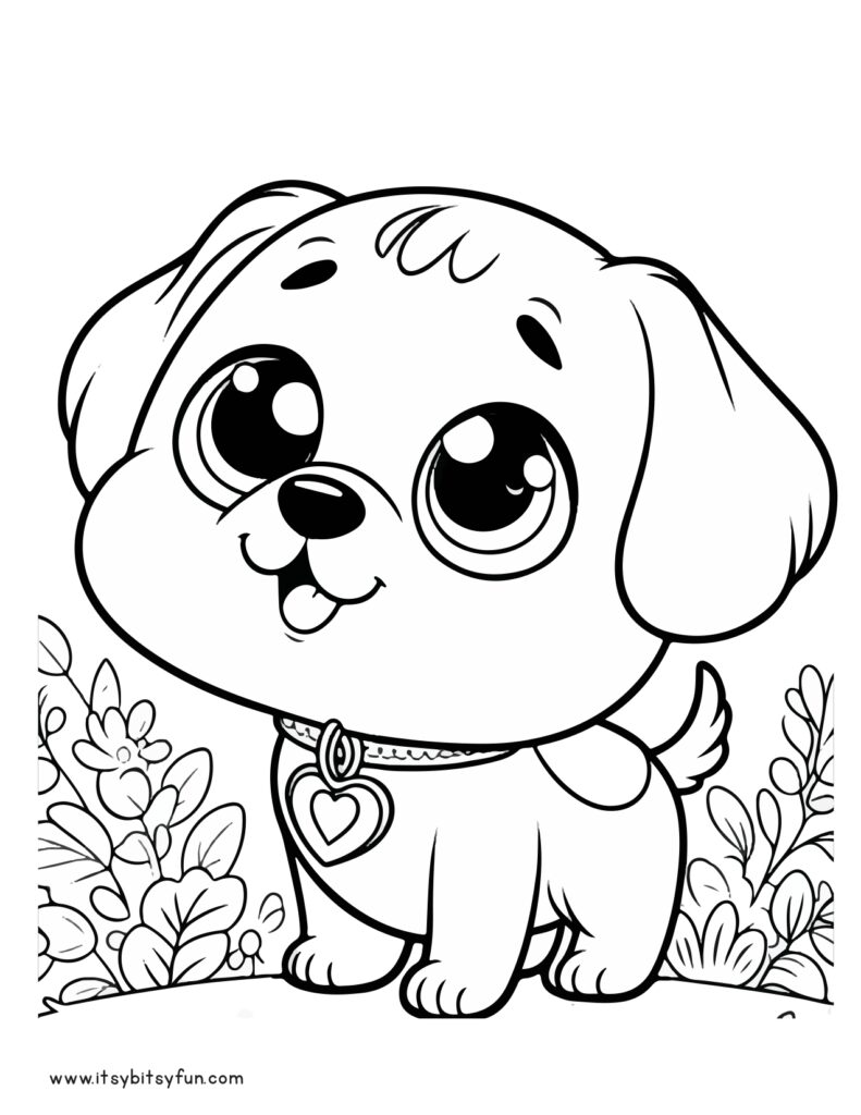 Cute cartoon puppy with large eyes and flowers