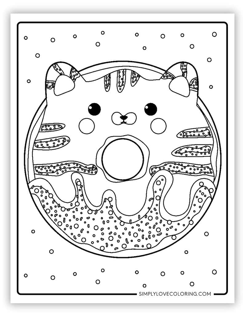 Cute cat face inside frosted donut coloring page