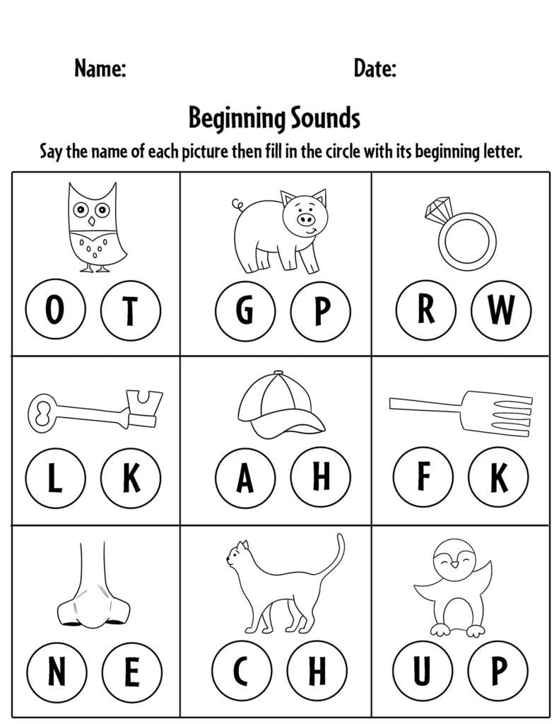 Black-and-white beginning sounds worksheet with nine picture boxes