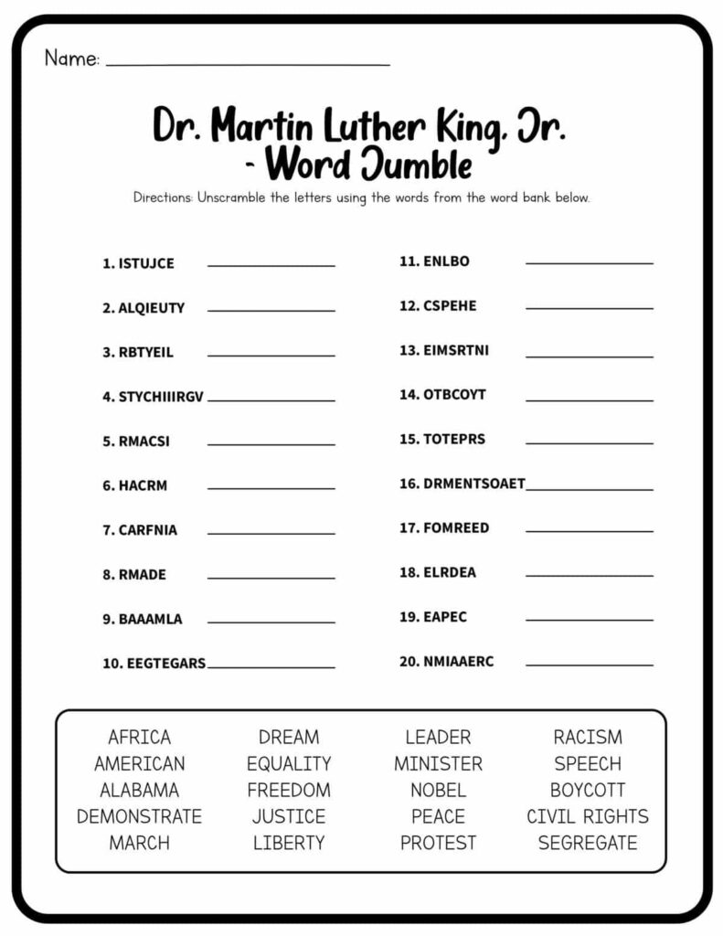 Martin Luther King Jr. word scramble worksheet