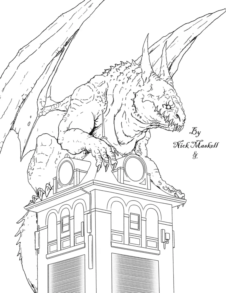 Line drawing of a gargoyle atop a building