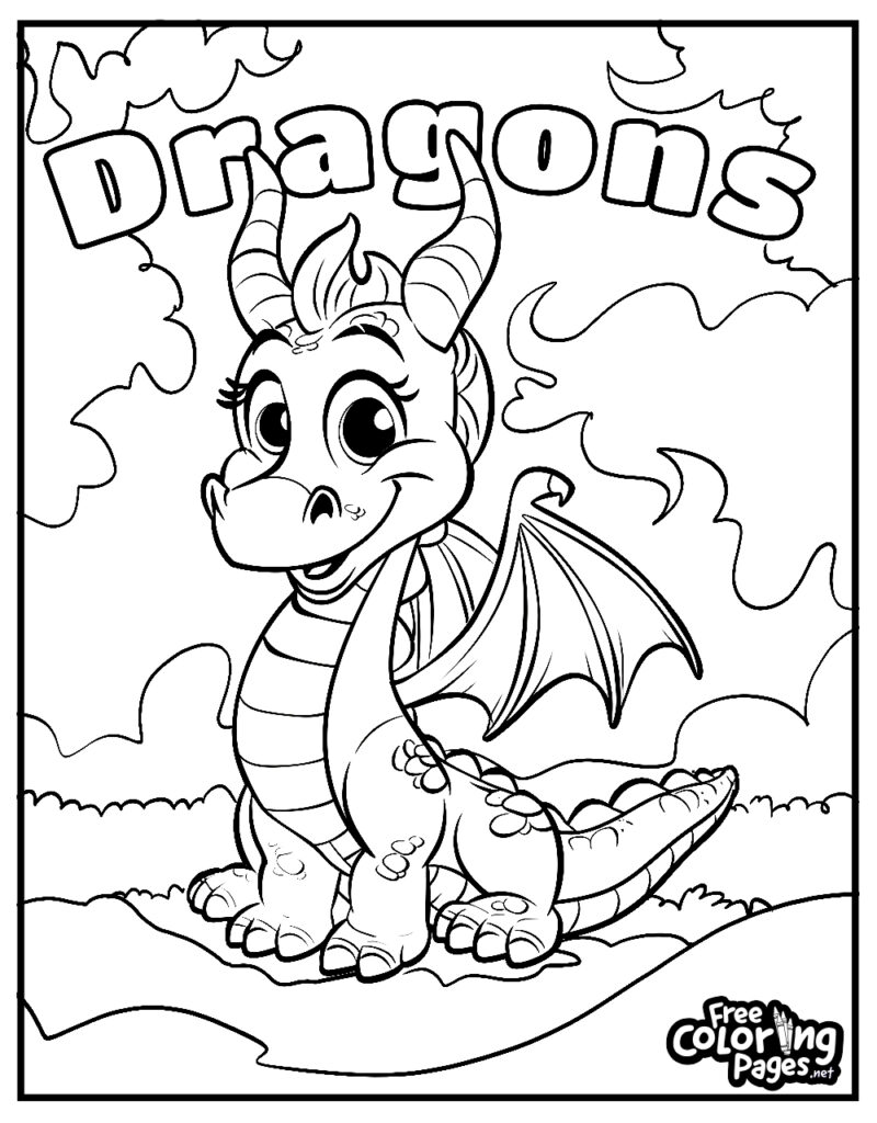 Cartoon baby dragon coloring page with title Dragons
