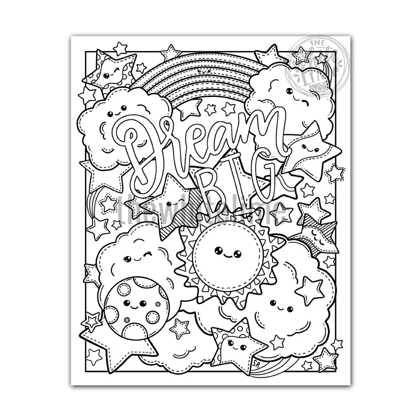 Kawaii moon, clouds, stars, and rainbow coloring page