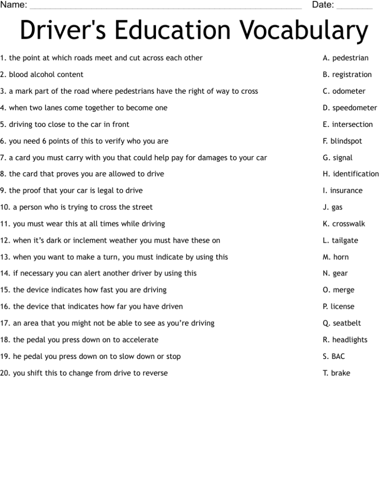 Driver’s education vocabulary worksheet with matching questions