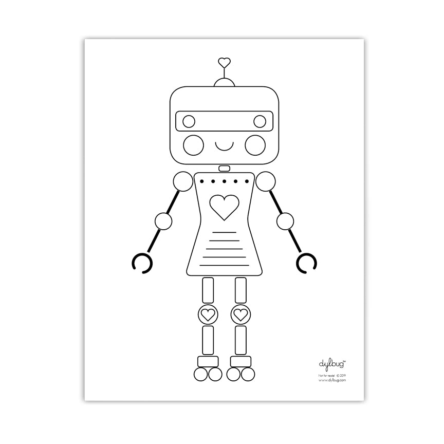 Cute line-art robot with heart details on white page