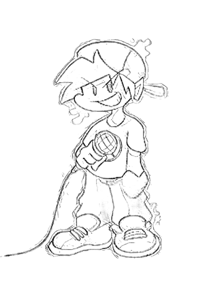Black-and-white sketch of a boy holding a microphone