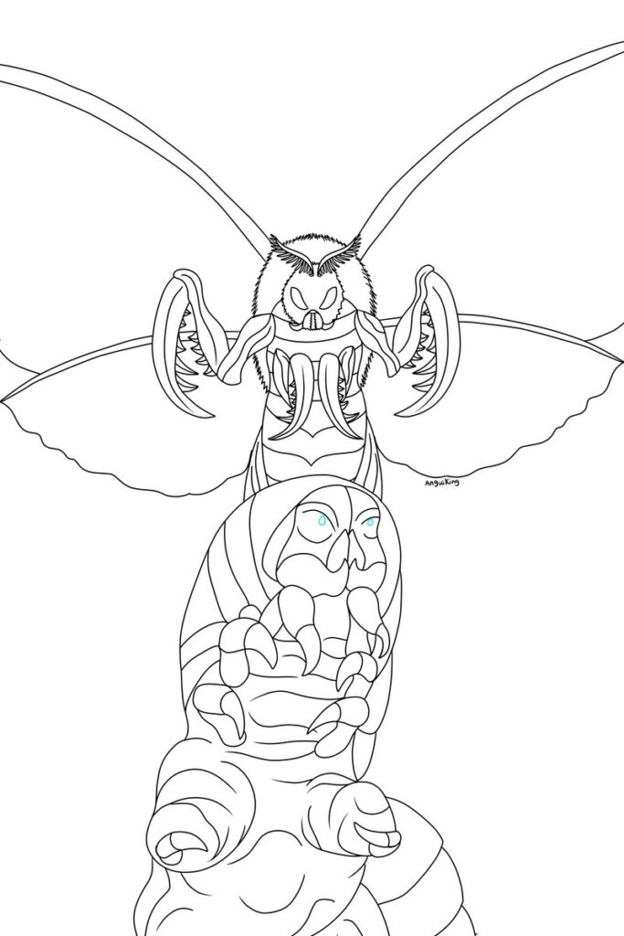 Black-and-white line drawing of a winged insect monster