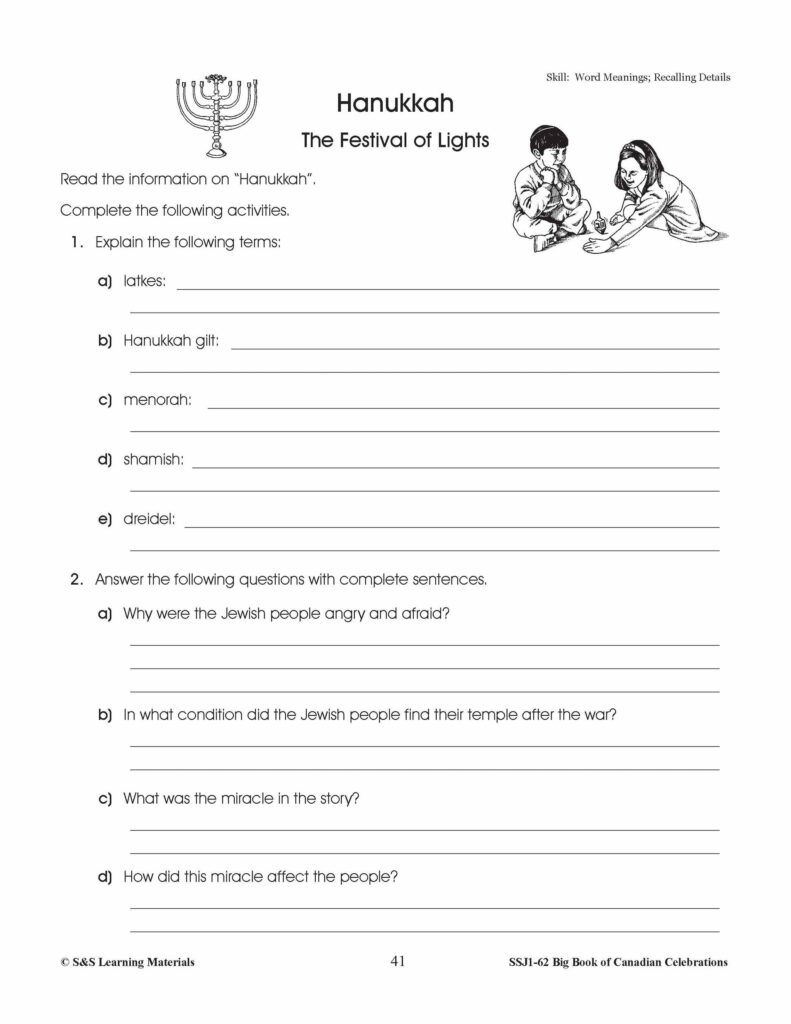 Hanukkah worksheet with questions and illustrations