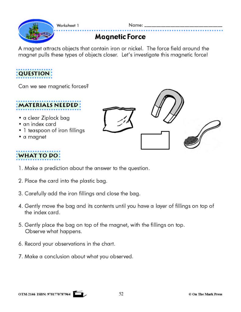 Magnetic force worksheet with instructions and drawings