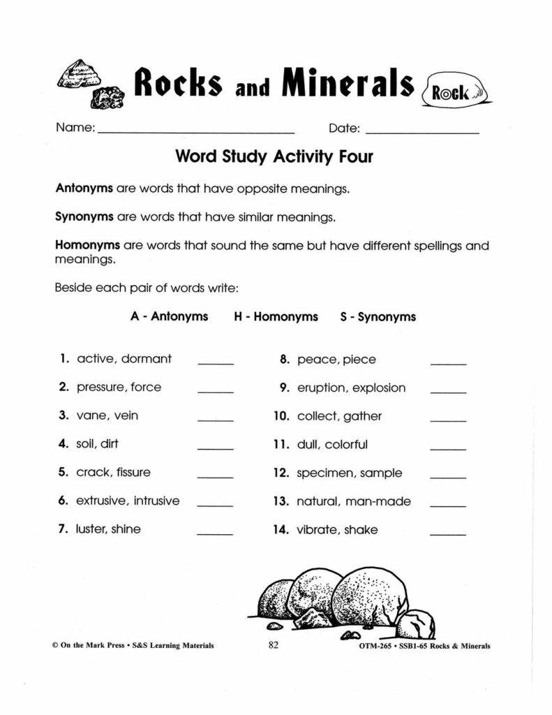Black-and-white rocks and minerals worksheet with word pairs