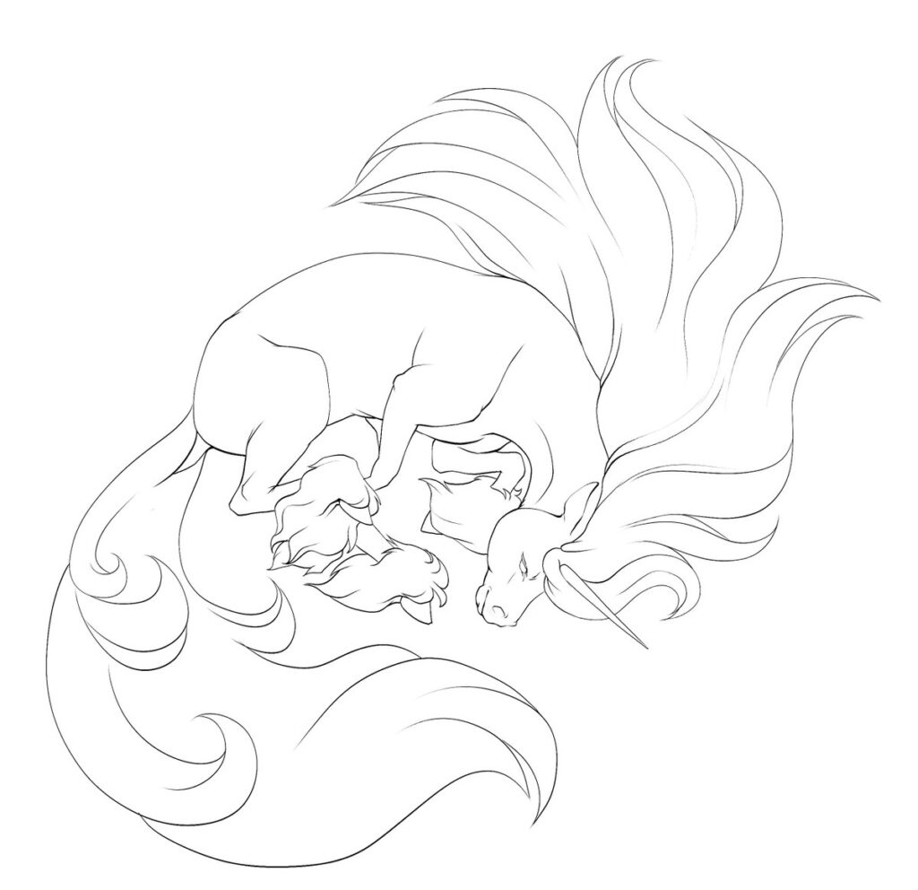 Line drawing of a curled horse with flowing mane