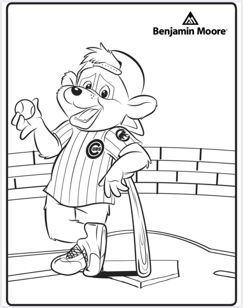 Cartoon baseball mascot holding a ball beside bat