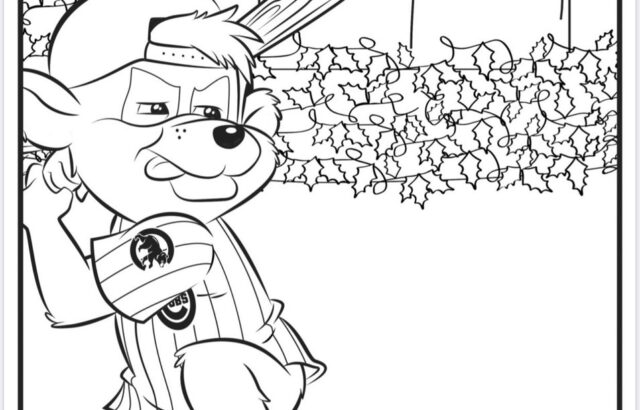 Cartoon baseball mascot holding bat, with crowd and scoreboard