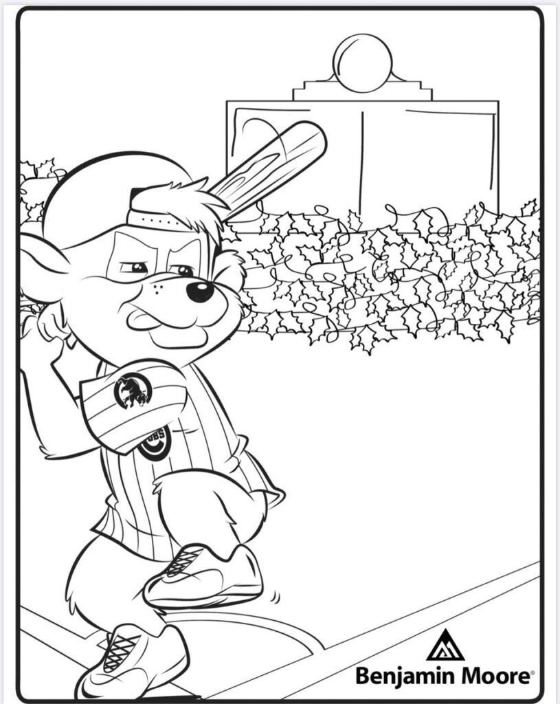 Cartoon baseball mascot holding bat, with crowd and scoreboard