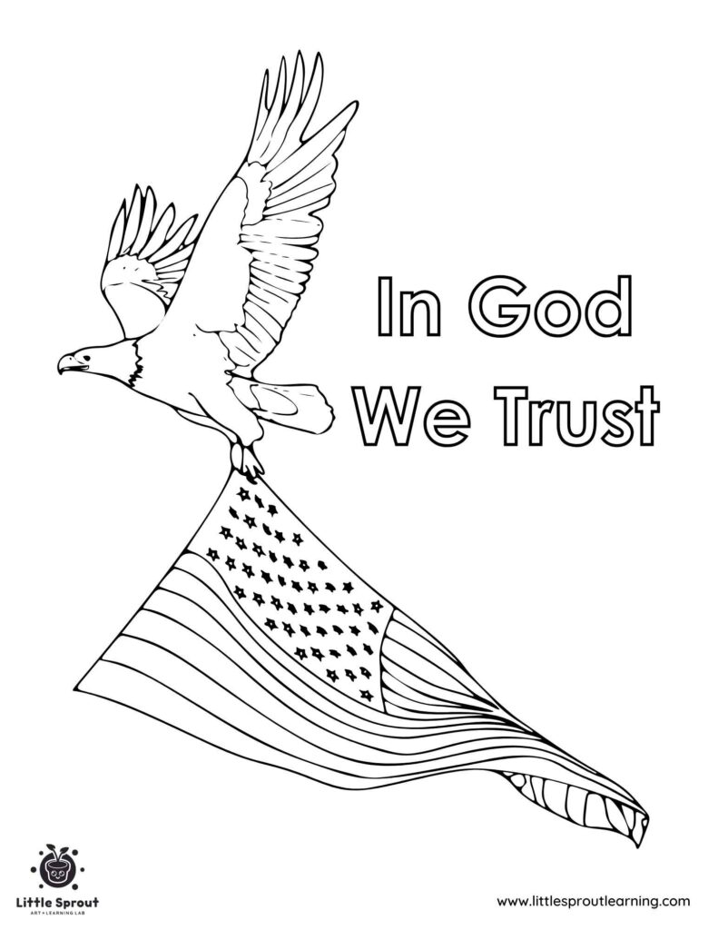 Black-and-white eagle carrying American flag with text