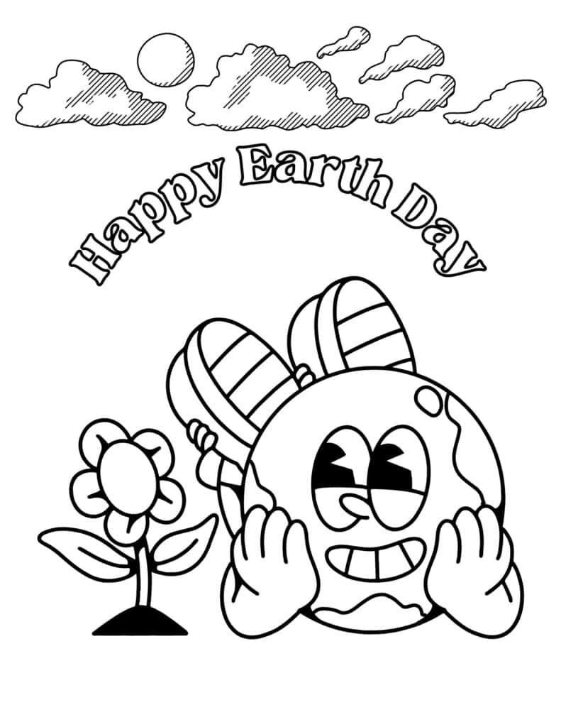 Happy Earth Day coloring page with smiling Earth and flower