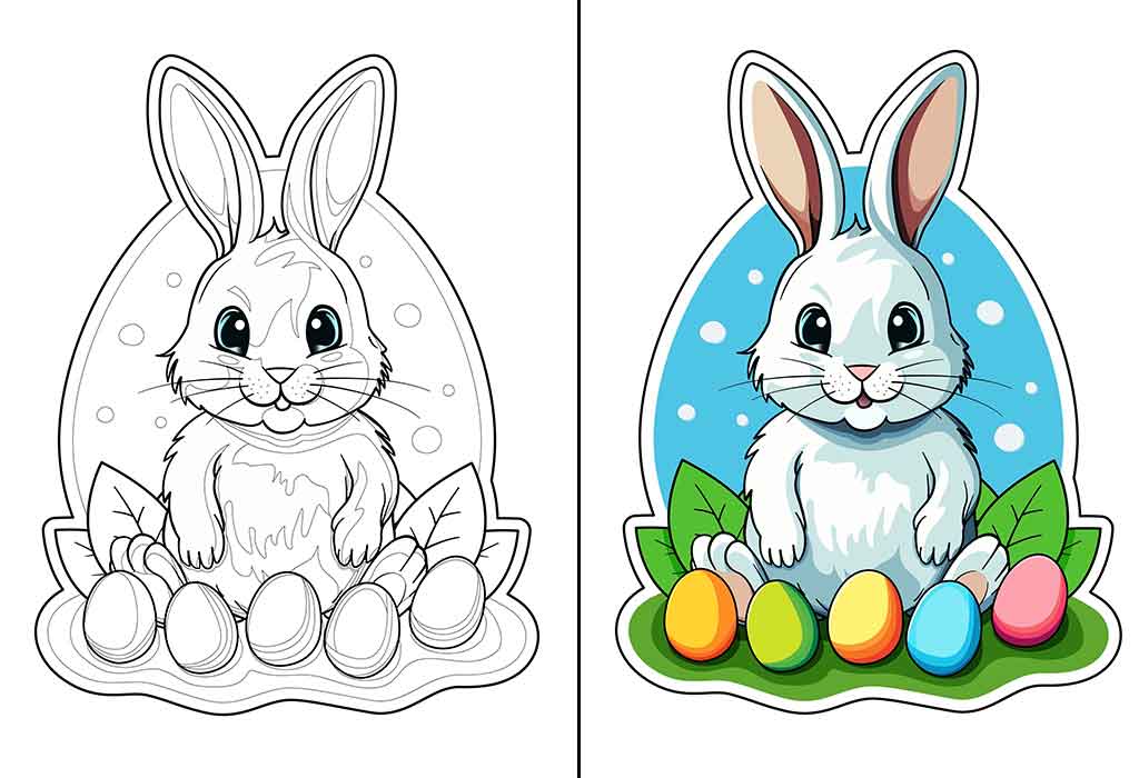 Coloring page and colored bunny with Easter eggs
