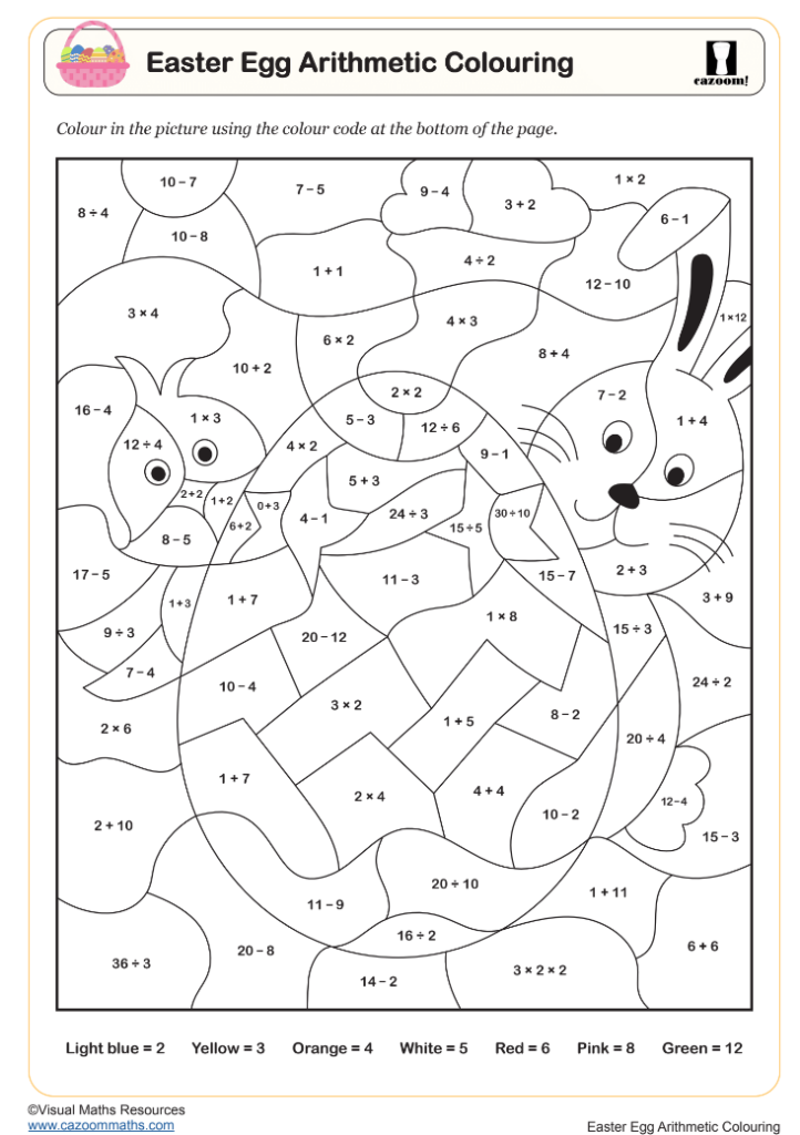 Easter egg arithmetic colouring page with rabbits and equations