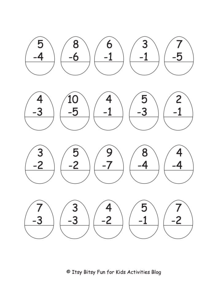 Printable worksheet with rows of subtraction inside egg shapes
