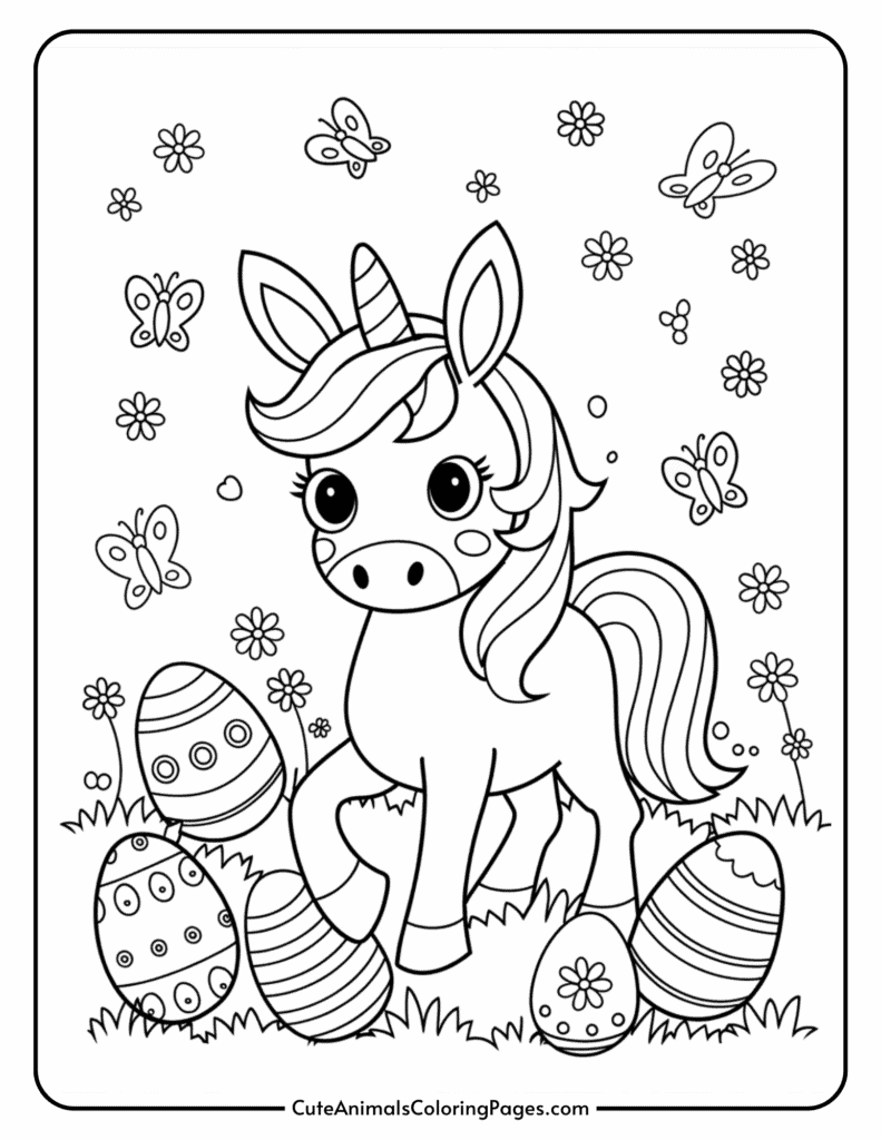 Unicorn standing among decorated Easter eggs and butterflies