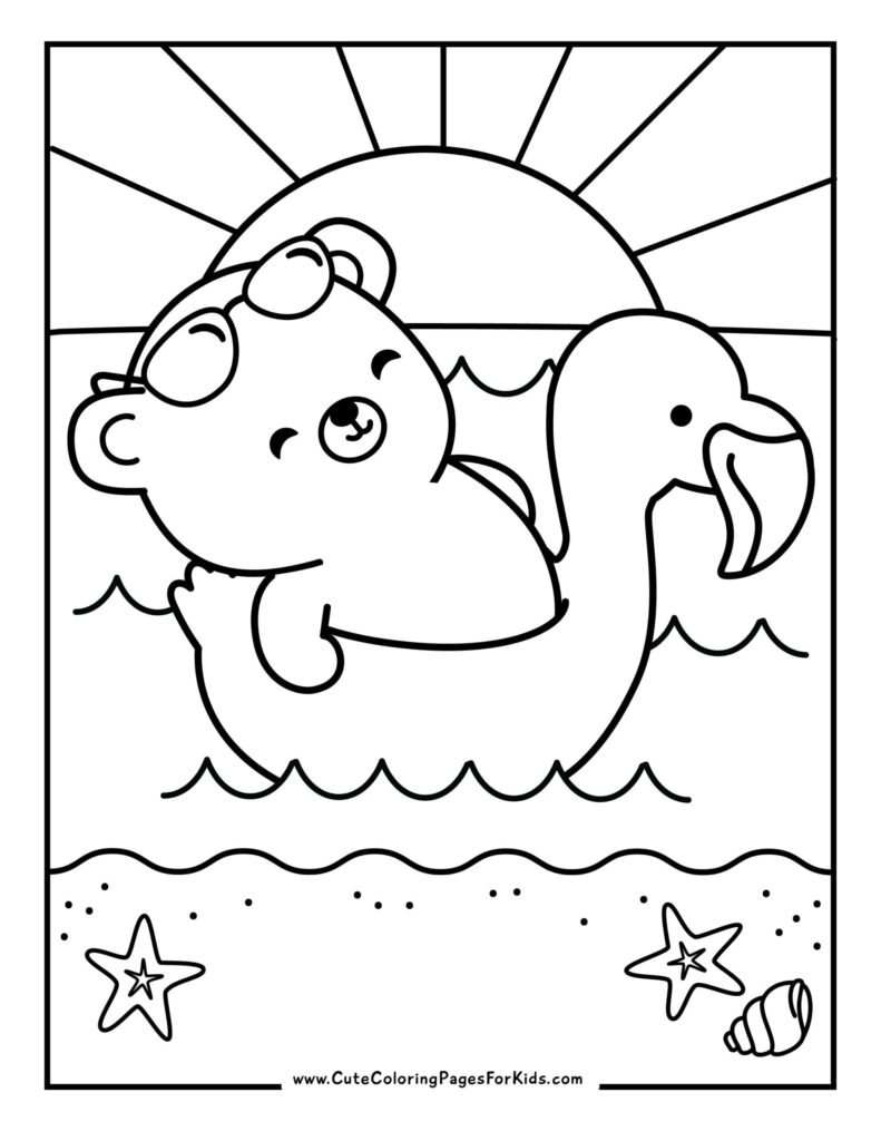 Cartoon bear and bird floating in ocean sunrise