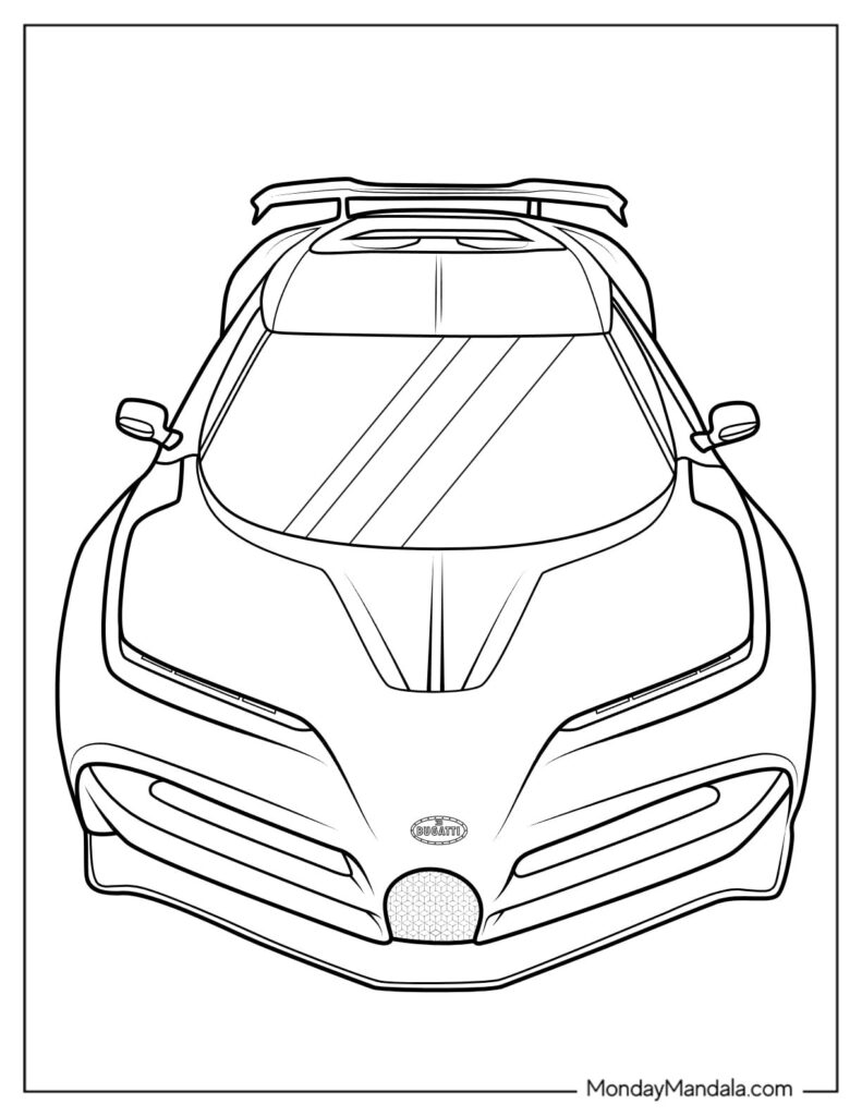 Front view line drawing of a sports car