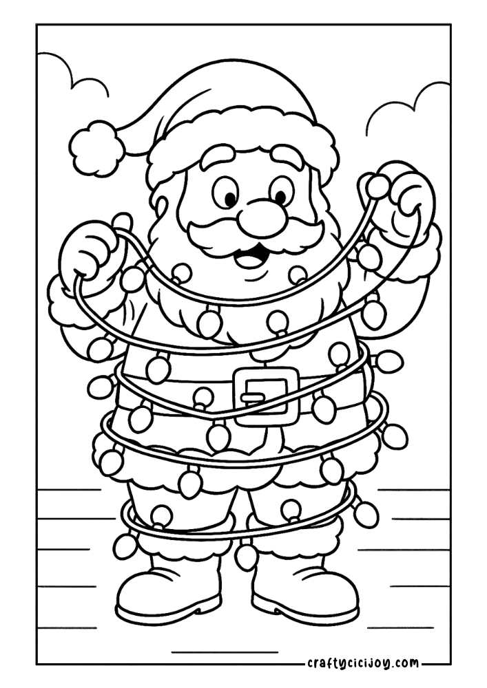 Santa holding Christmas lights in black-and-white coloring page