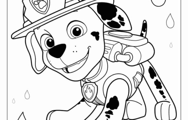 Cartoon puppy firefighter surrounded by falling raindrops