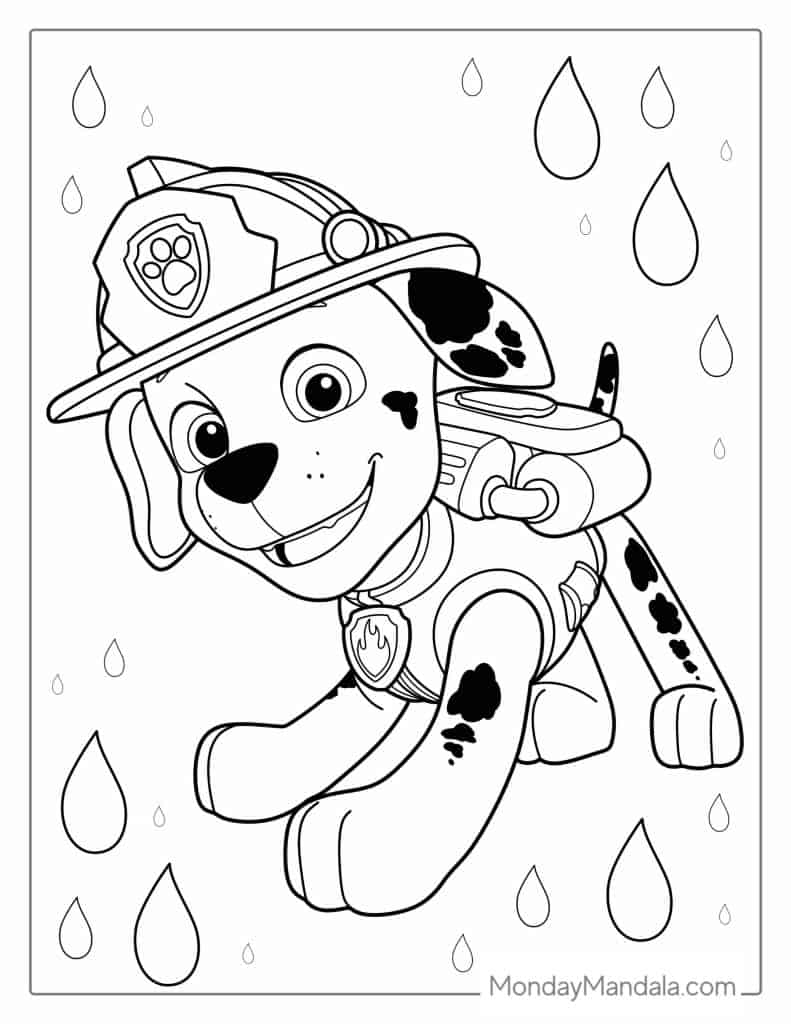 Cartoon puppy firefighter surrounded by falling raindrops