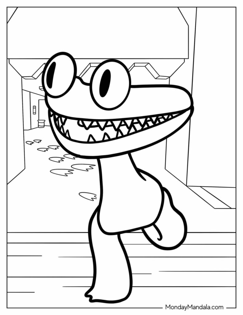 Cartoon dinosaur with glasses in hallway coloring page
