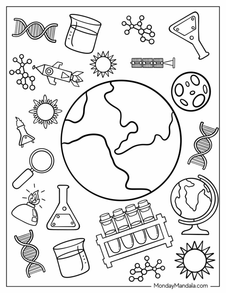 Black-and-white science-themed worksheet with Earth and lab icons