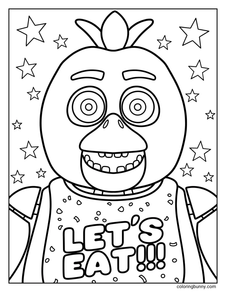 Cartoon duck with stars and “LET’S EAT!!!” shirt coloring page